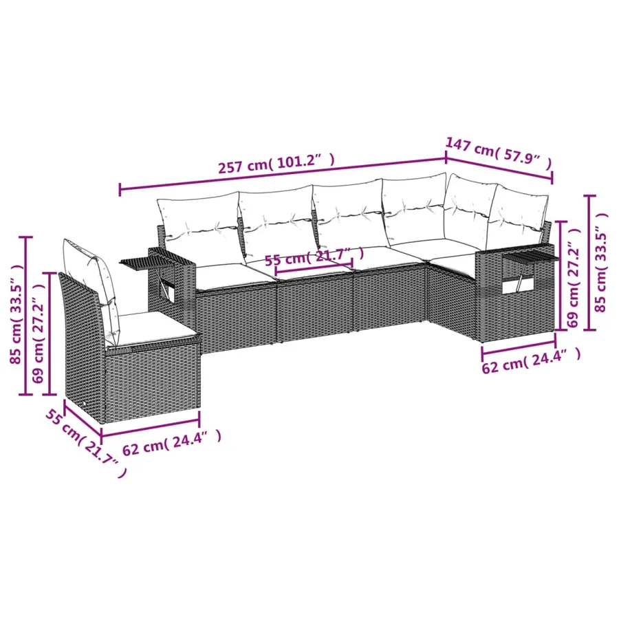 Ensemble de canapé de jardin 6 pcs avec coussins marron résine tressée - 8