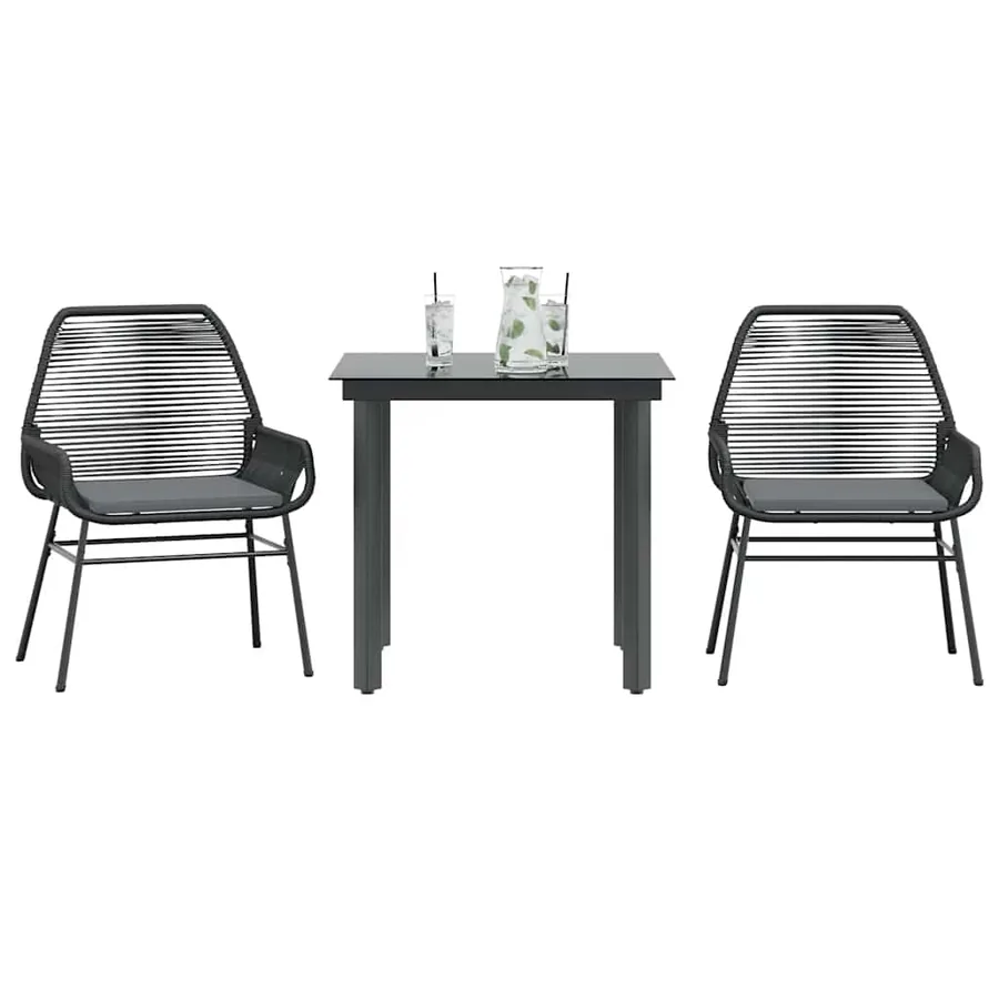 Ensemble à manger de jardin et coussins 3 pcs noir rotin verre