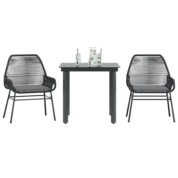 Ensemble à manger de jardin et coussins 3 pcs noir rotin verre