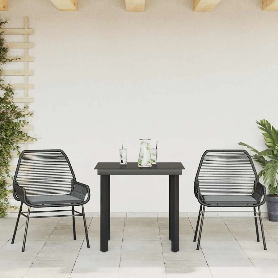 Ensemble à manger de jardin et coussins 3 pcs noir rotin verre - 3