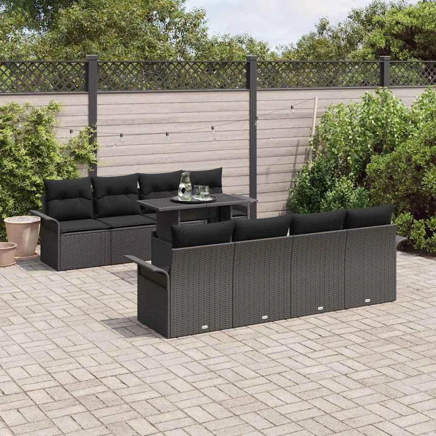 Ensemble de canapé de jardin 9 pcs Noir Poly Rattan