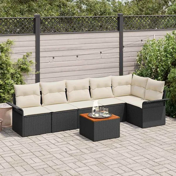 Ensemble de canapé de jardin 7 pcs Noir et Crème polyrotin