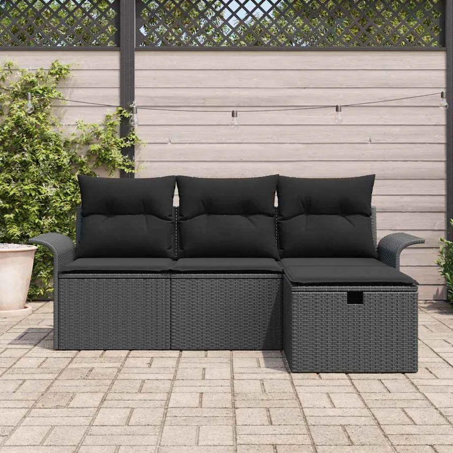 Ensemble de canapé de jardin avec coussin 4 pcs Noir Poly rotin - 3