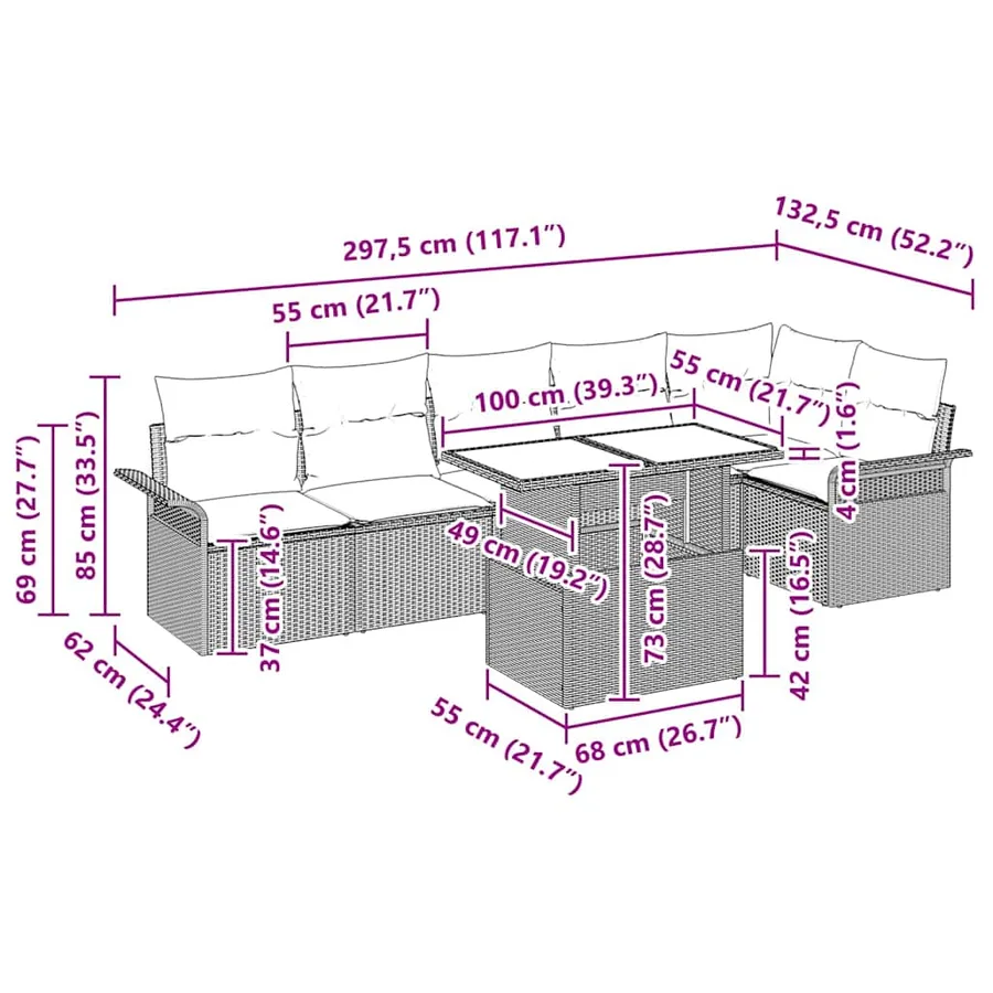 Ensemble de canapé de jardin avec coussin 7 pcs Noir Poly rotin - 10