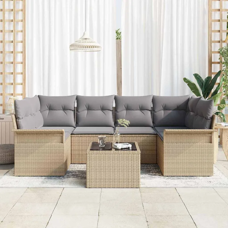 Ensemble de canapé de jardin 7 pcs Beige Poly rotin - 3