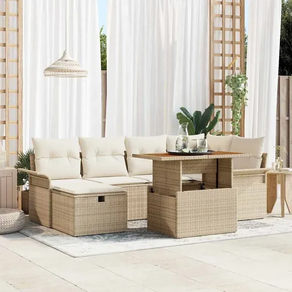 Ensemble de canapé de jardin 7 pcs Beige polyrotin