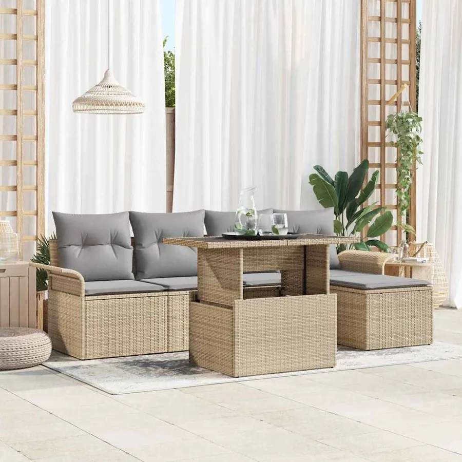 Ensemble de canapé de jardin avec coussin 6 pcs Beige polyrotin