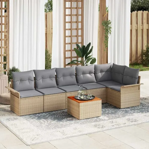 Ensemble de canapé de jardin avec coussin 7 pcs Beige polyrotin