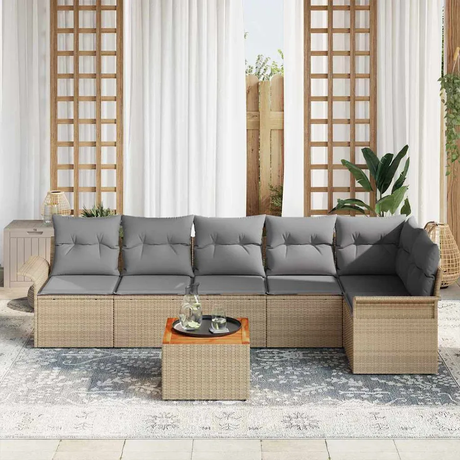 Ensemble de canapé de jardin avec coussin 7 pcs Beige polyrotin - 3