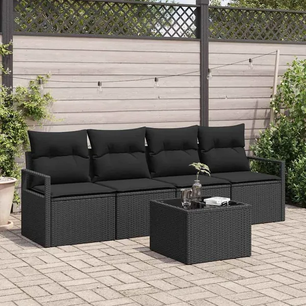 Ensemble de Canapés avec coussin 5 pcs Noir polyrotin