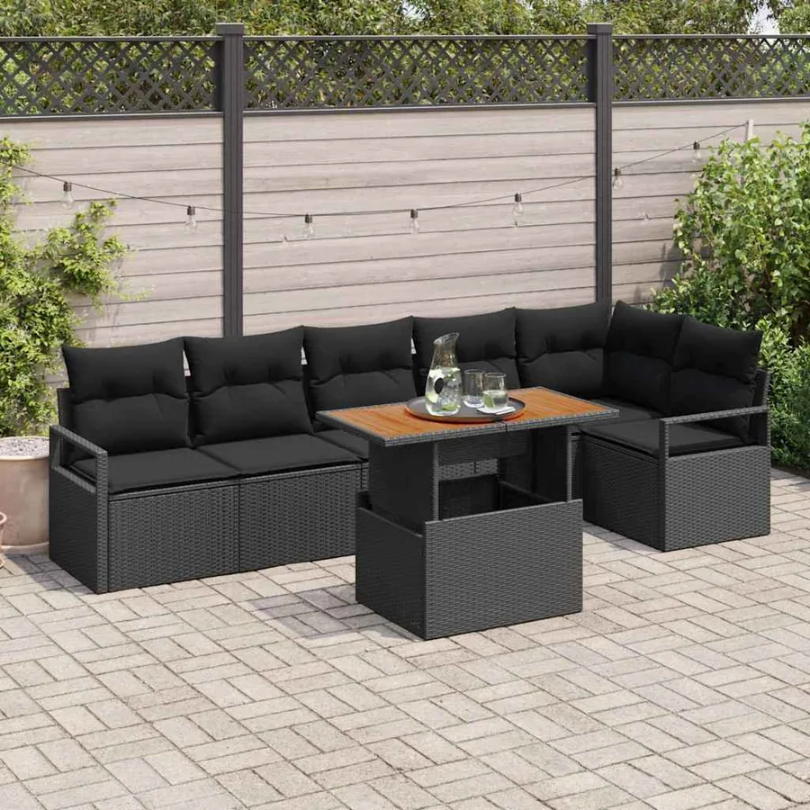 Ensemble de canapé de jardin 7 pcs Noir Poly rotin