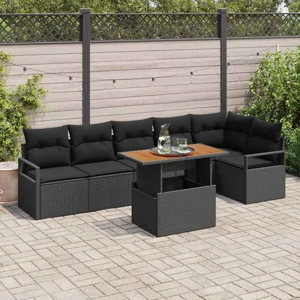 Ensemble de canapé de jardin 7 pcs Noir Poly rotin