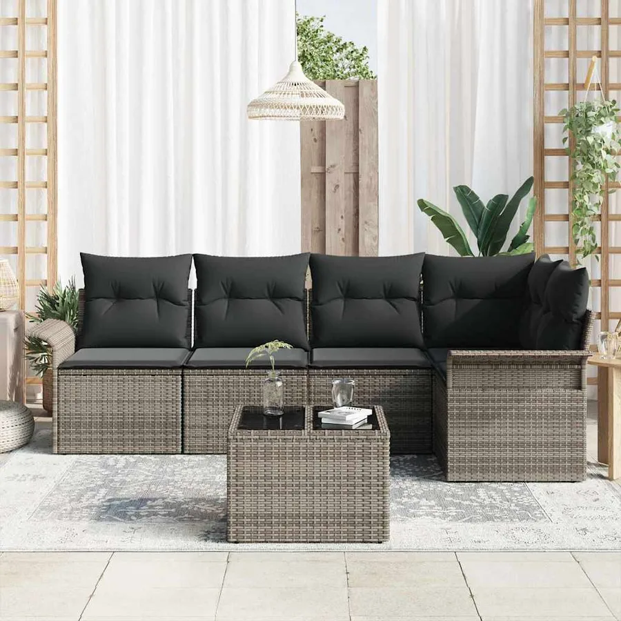 Ensemble de canapé de jardin avec coussin 6 pcs Gris Poly rotin - 3