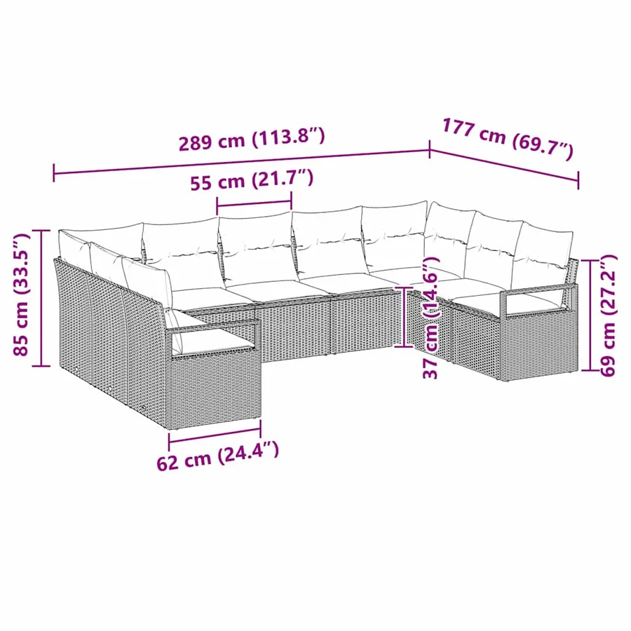 Ensemble de canapé de jardin avec coussin 9 pcs Gris polyrotin - 12