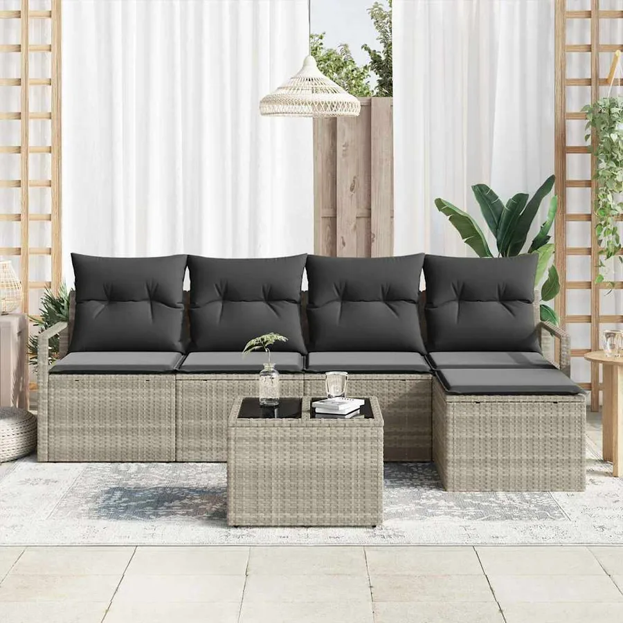 Ensemble de Canapés avec coussin 6 pcs Gris clair polyrotin - 3