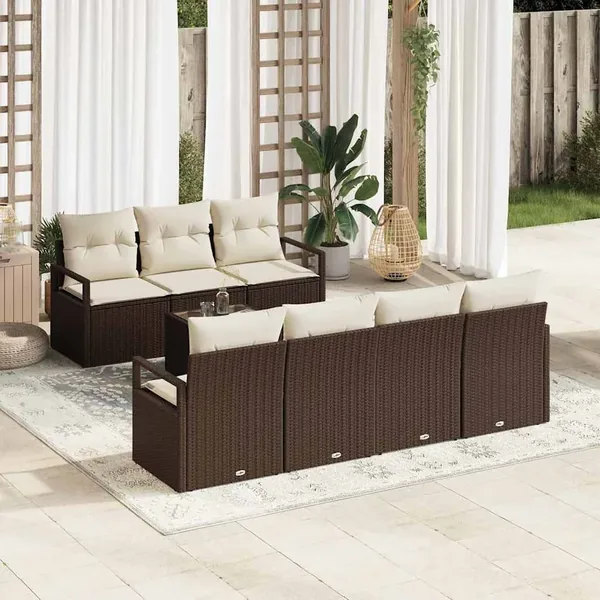 Ensemble de canapé de jardin 8 pcs Marron et Crème polyrotin