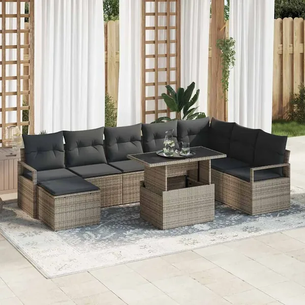 Ensemble de canapé de jardin 9 pcs Gris Poly rotin