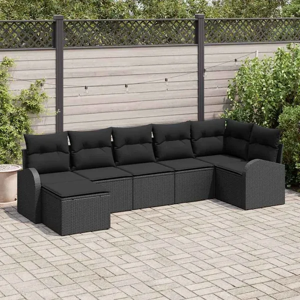 Ensemble de canapé de jardin avec coussin 7 pcs Noir Poly rotin