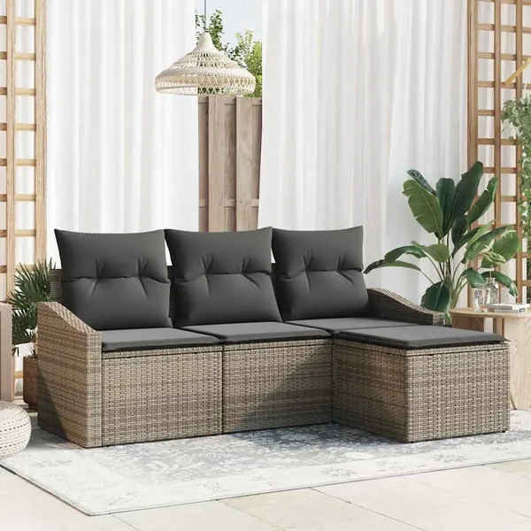 Ensemble de Canapés avec coussin 4 pcs Gris polyrotin