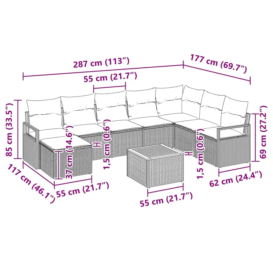 Ensemble de canapé de jardin avec coussin 9 pcs Gris polyrotin - 8