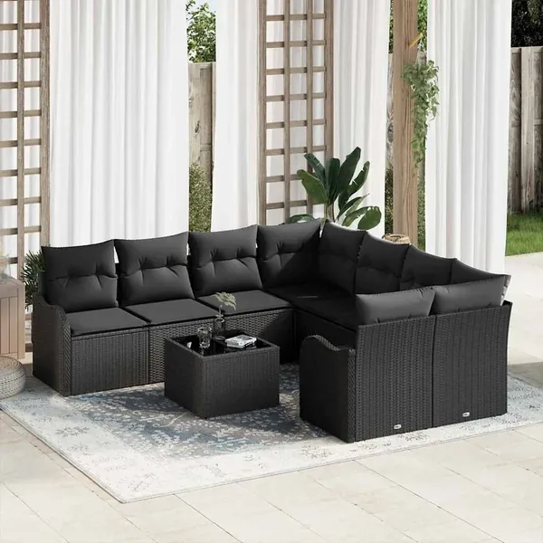 Ensemble de canapé de jardin avec coussin 9 pcs Noir polyrotin