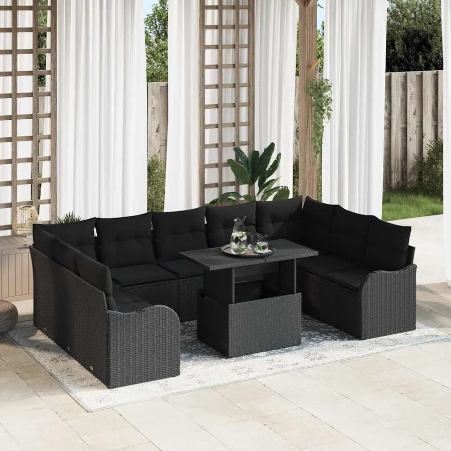 Ensemble de canapé de jardin 10 pcs Noir Poly rotin