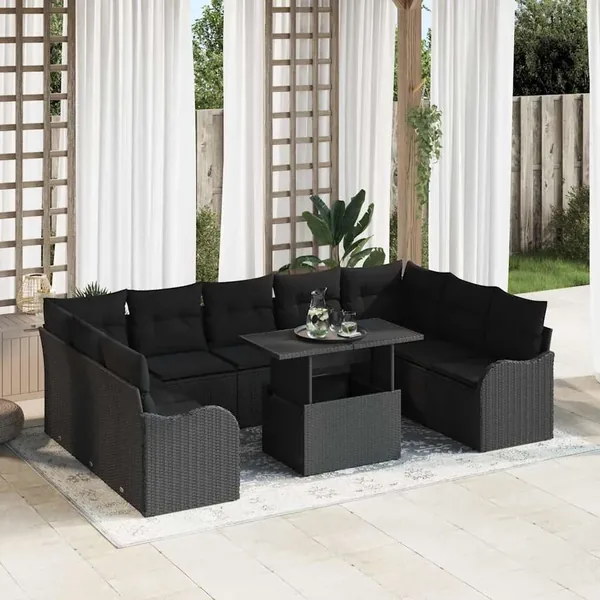 Ensemble de canapé de jardin 10 pcs Noir Poly rotin