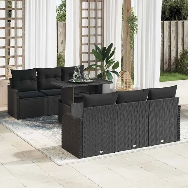 Ensemble de canapé de jardin avec coussin 7 pcs Noir Poly rotin