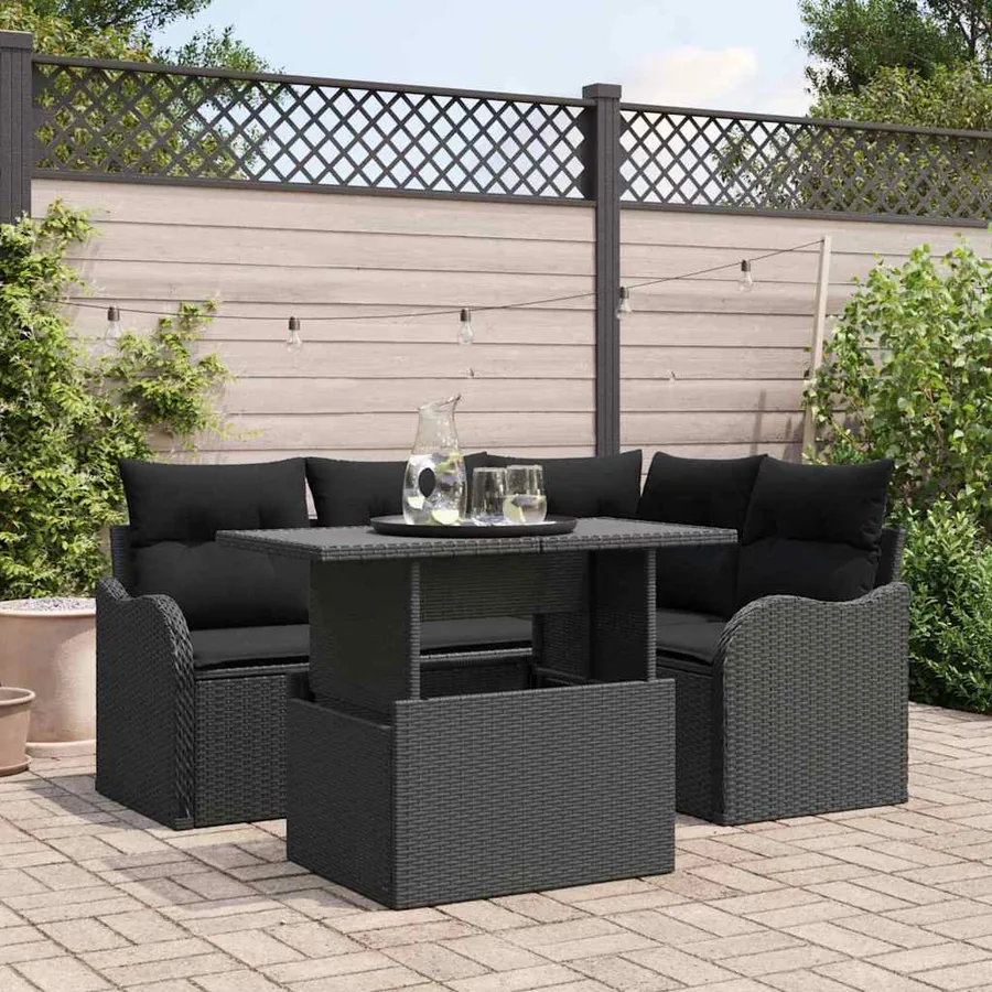Ensemble de repas extérieur avec coussin 5 pcs Noir Poly rotin