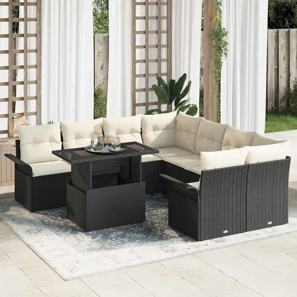 Ensemble de canapé de jardin avec coussin 9 pcs Noir Poly rotin