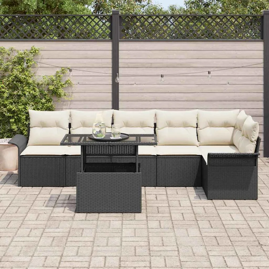Ensemble de canapé de jardin avec coussin 7 pcs Noir Poly rotin - 3