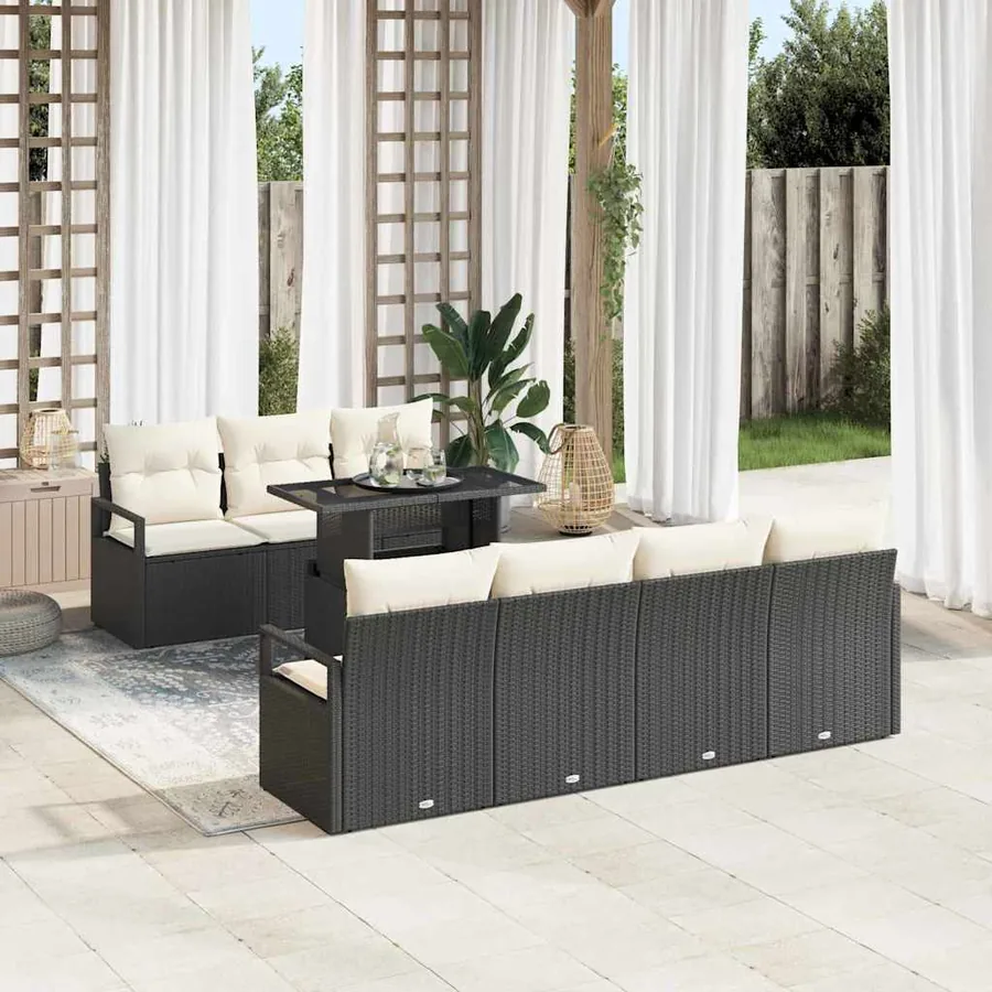 Ensemble de canapé de jardin 8 pcs Noir et Crème polyrotin