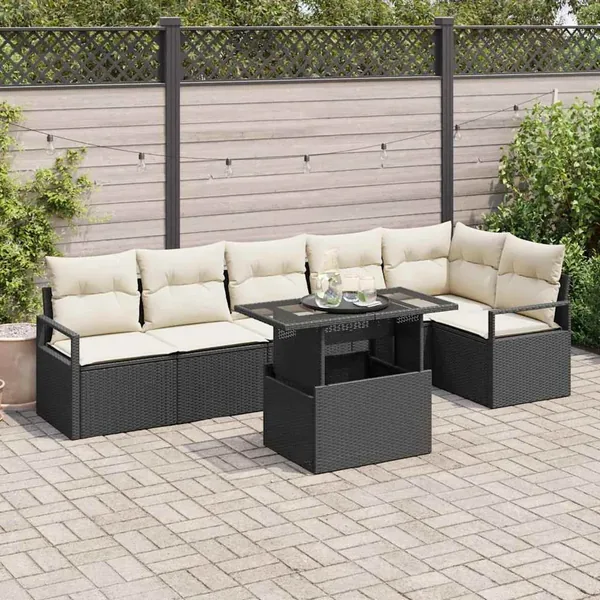 Ensemble de canapé de jardin avec coussin 7 pcs Noir Poly rotin
