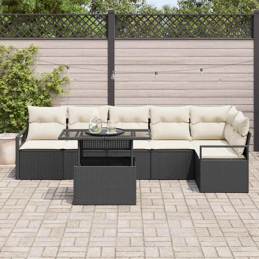 Ensemble de canapé de jardin avec coussin 7 pcs Noir Poly rotin - 3