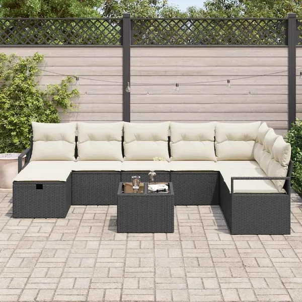 Ensemble de Canapés avec coussin 9 pcs Noir et Crème polyrotin