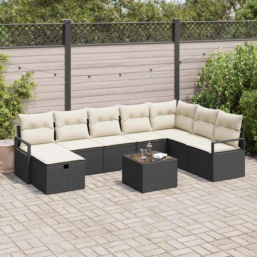 Ensemble de Canapés avec coussin 9 pcs Noir et Crème polyrotin - 9