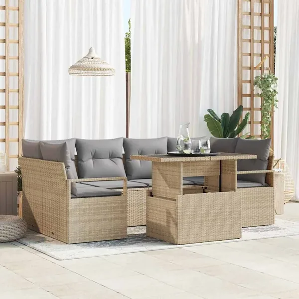 Ensemble de canapé de jardin 7 pcs Beige polyrotin