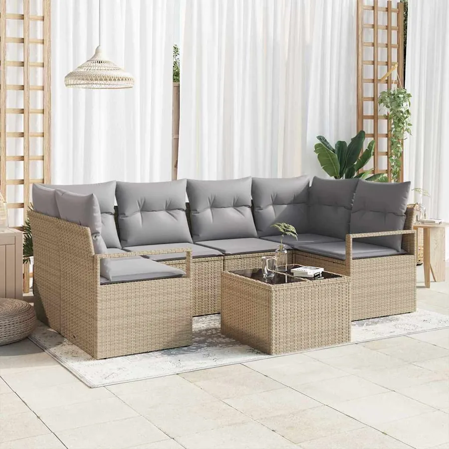 Ensemble de Canapés avec coussin 7 pcs Beige et gris polyrotin