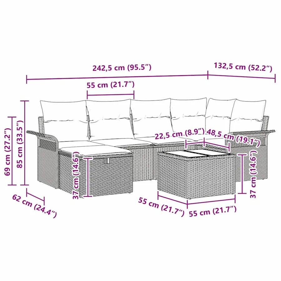 Ensemble de canapé de jardin avec coussin 7 pcs Poly rotin - 15
