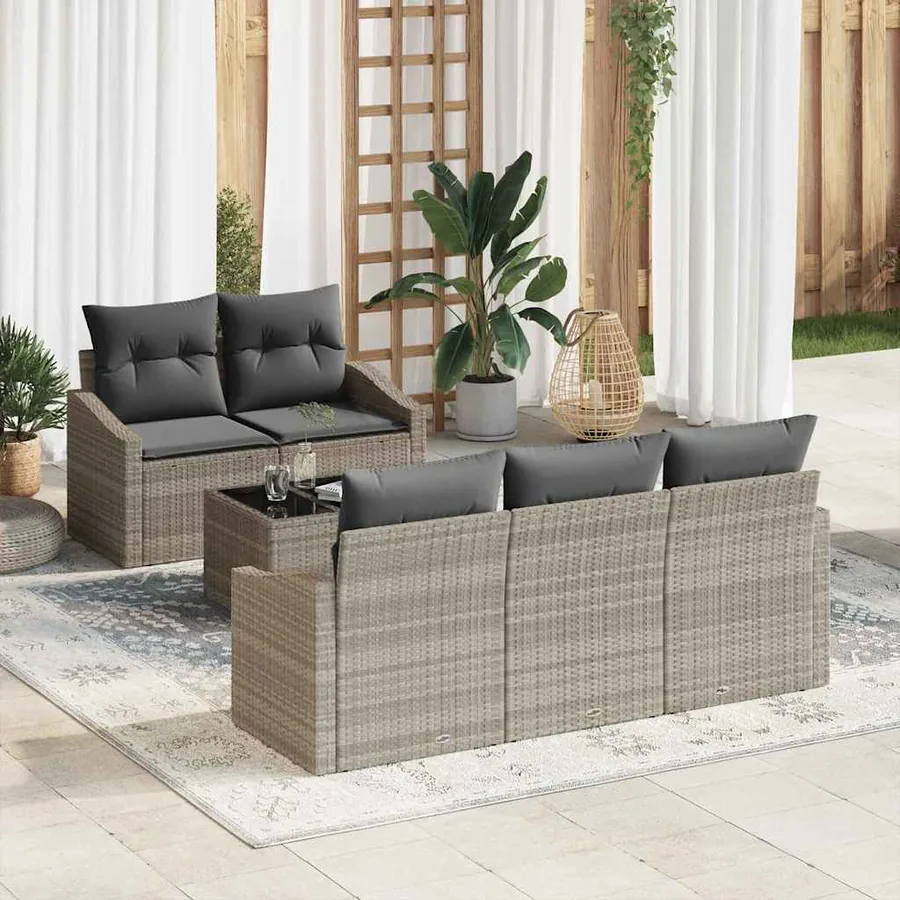 Ensemble de Canapés avec coussin 6 pcs Gris clair polyrotin