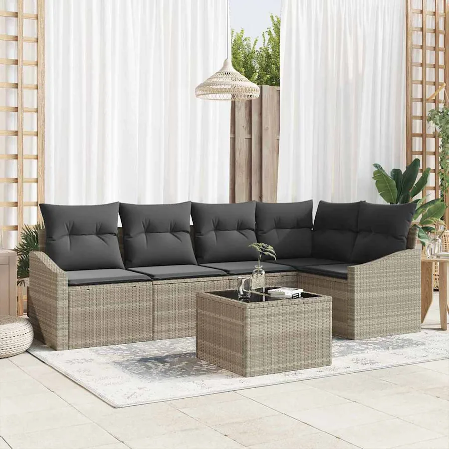 Ensemble de Canapés avec coussin 6 pcs Gris clair polyrotin