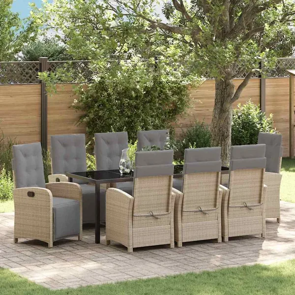 Ensemble de salle à manger pour jardin 9 pcs Beige polyrotin