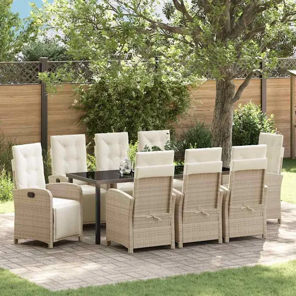 Ensemble de salle à manger pour jardin 9 pcs Beige polyrotin