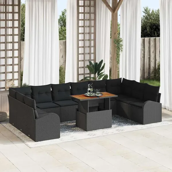 Ensemble de canapé de jardin 11 pcs Noir Poly rotin