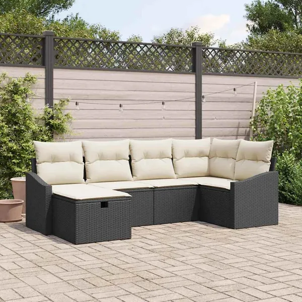 Ensemble de Canapés avec coussin 6 pcs Noir et Crème polyrotin