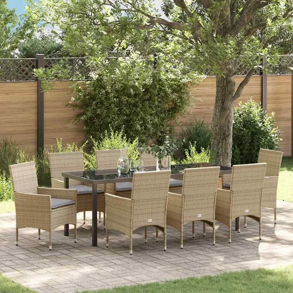 Ensemble de salle à manger pour jardin 9 pcs Beige polyrotin