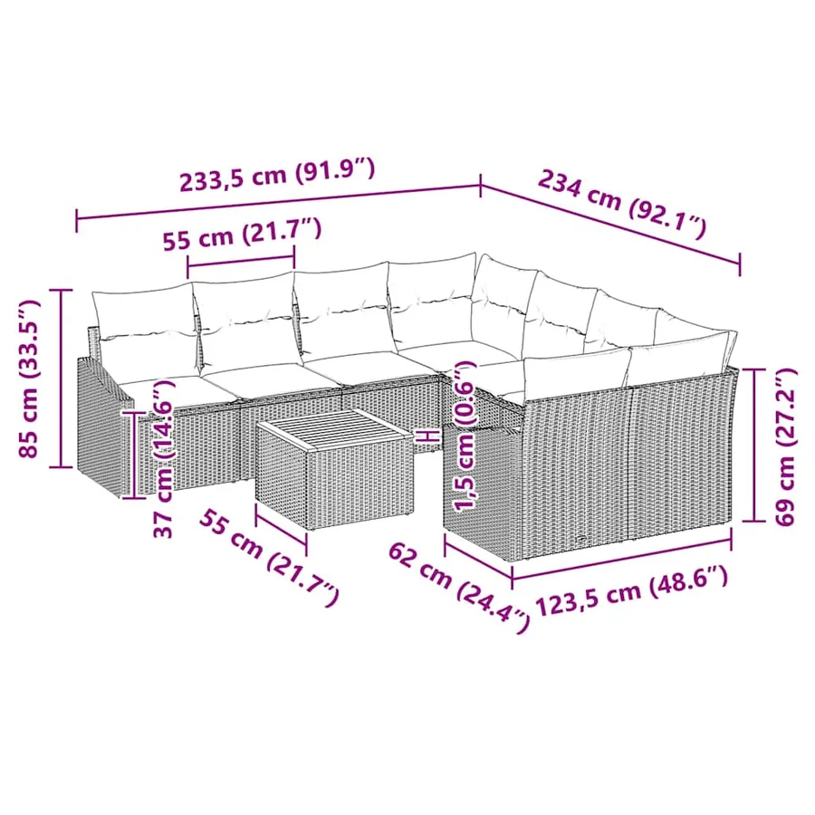 Ensemble de canapé de jardin avec coussin 9 pcs Gris polyrotin - 9