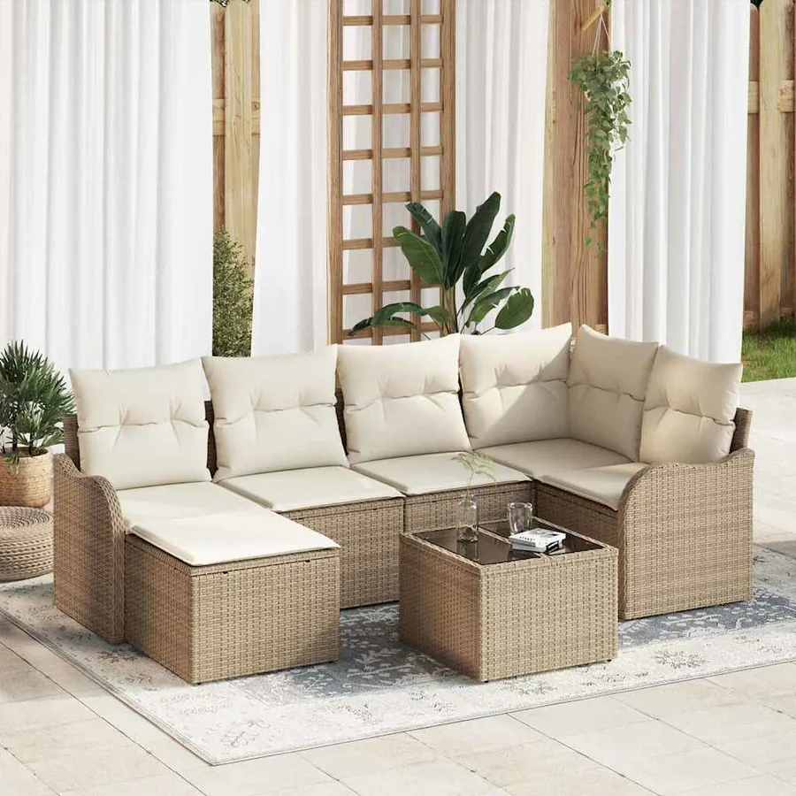 Ensemble de canapé de jardin 7 pcs Beige et blanc Poly rotin