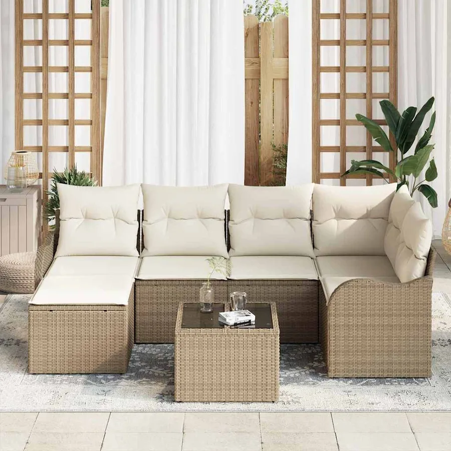 Ensemble de canapé de jardin 7 pcs Beige et blanc Poly rotin - 3