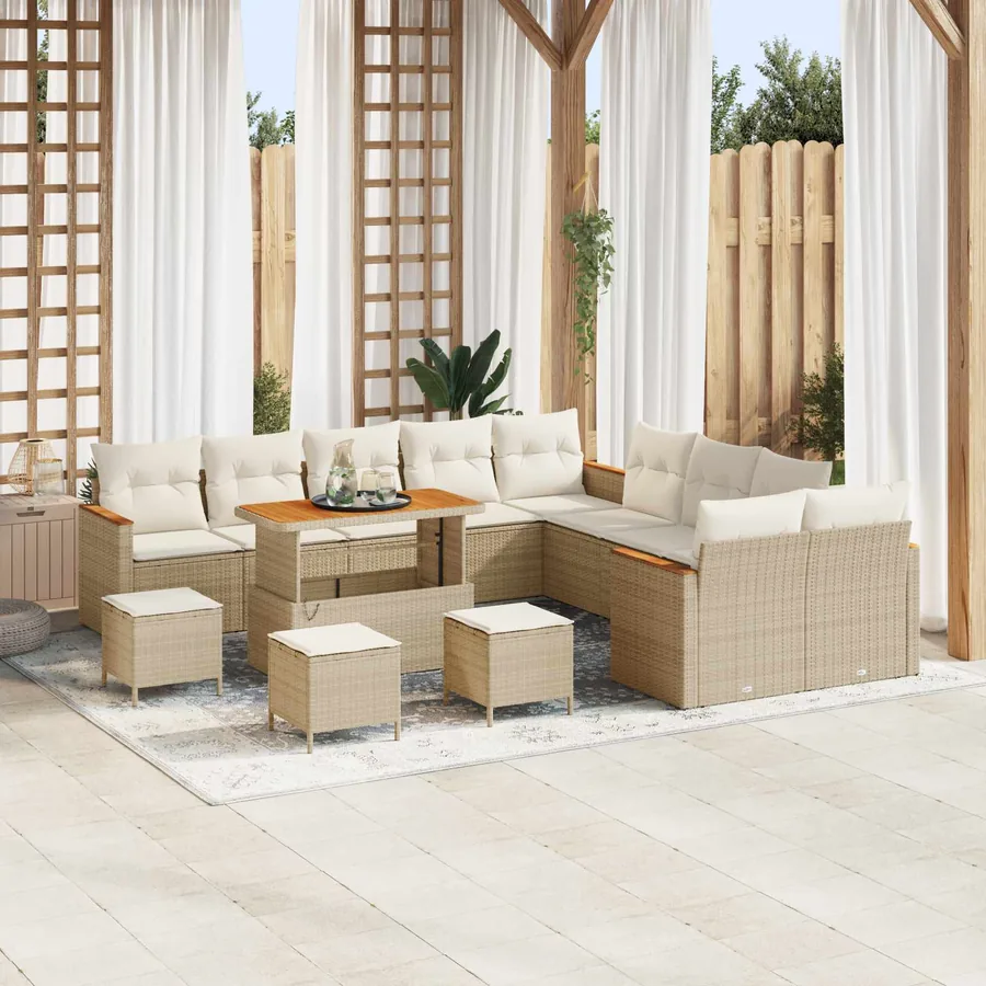 Ensemble de canapé de jardin 14 pcs Beige polyrotin